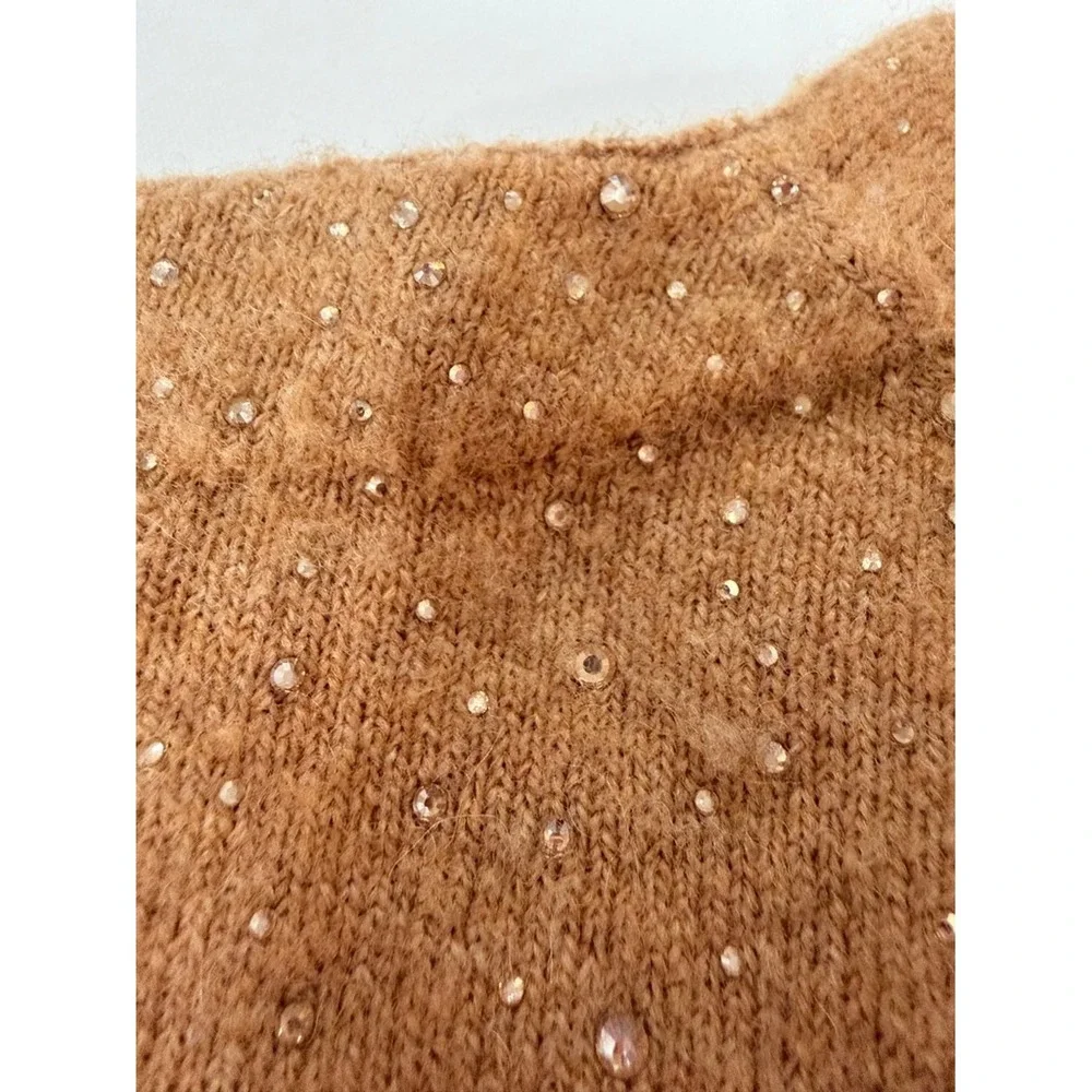 J Crew Sparkle Embellished Cardigan Sweater Camel XS V Neck Button Front‎ Knit